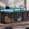 imageYITAHOME 55 Inch Large Dog Crate Furniture Heavy Duty Wooden Dog Crate TV Stand with 2 Dog Bowls Metal Dog Kennel Indoor Furniture Sliding Barn Door Design for Extra Large Dogs Rustic BrownBlack OakLed Light