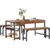 imageYITAHOME 63quot 3 Piece Kitchen Dining Table Set for 4 with Bench ampamp Storage Farmhouse Rectangle Dining Room Dinner Table with Wine ampamp Glass Holder for Space Saving Brown