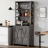 imageYITAHOME 67quot Tall Wine Bar Cabinet for Liquor and Glasses Farmhouse Freestanding Coffee Bar Cabinet with Glasses Racks  Storage Shelves WGlass Doors for Living Dining Room Hallway Dark Rustic OakDark Grey