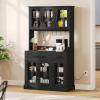 imageYITAHOME 71quot Farmhouse Kitchen Pantry Storage Cabinet with Power Outlet Freestanding Glass Door Display Pantry Hutch with Microwave Stand ampamp Adjustable Shelves ampamp Large Countertop for Home Lvory GreyBlack