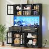 imageYITAHOME 71quot Farmhouse Kitchen Pantry Storage Cabinet with Power Outlet Freestanding Glass Door Display Pantry Hutch with Microwave Stand ampamp Adjustable Shelves ampamp Large Countertop for Home Lvory GreyBlack