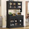 imageYITAHOME 71quot Farmhouse Kitchen Pantry Storage Cabinet with Power Outlet Freestanding Glass Door Display Pantry Hutch with Microwave Stand ampamp Adjustable Shelves ampamp Large Countertop for Home Lvory GreyBlack