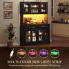 imageYITAHOME 71quot Farmhouse Kitchen Pantry Storage Cabinet with Power Outlet Freestanding Glass Door Display Pantry Hutch with Microwave Stand ampamp Adjustable Shelves ampamp Large Countertop for Home Lvory GreyBlack