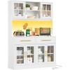 imageYITAHOME 71quot Farmhouse Kitchen Pantry Storage Cabinet with Power Outlet Freestanding Glass Door Display Pantry Hutch with Microwave Stand ampamp Adjustable Shelves ampamp Large Countertop for Home Lvory GreyWhite