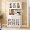 imageYITAHOME 71quot Farmhouse Kitchen Pantry Storage Cabinet with Power Outlet Freestanding Glass Door Display Pantry Hutch with Microwave Stand ampamp Adjustable Shelves ampamp Large Countertop for Home Lvory GreyWhite