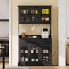 imageYITAHOME 71quot Farmhouse Kitchen Pantry Storage Cabinet with Power Outlet Freestanding Glass Door Display Pantry Hutch with Microwave Stand ampamp Adjustable Shelves ampamp Large Countertop for Home Lvory GreyBlack