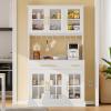 imageYITAHOME 71quot Farmhouse Kitchen Pantry Storage Cabinet with Power Outlet Freestanding Glass Door Display Pantry Hutch with Microwave Stand ampamp Adjustable Shelves ampamp Large Countertop for Home Lvory GreyWhite