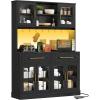imageYITAHOME 71quot Farmhouse Kitchen Pantry Storage Cabinet with Power Outlet Freestanding Glass Door Display Pantry Hutch with Microwave Stand ampamp Adjustable Shelves ampamp Large Countertop for Home Lvory GreyBlack