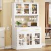 imageYITAHOME 71quot Farmhouse Kitchen Pantry Storage Cabinet with Power Outlet Freestanding Glass Door Display Pantry Hutch with Microwave Stand ampamp Adjustable Shelves ampamp Large Countertop for Home Lvory GreyWhite