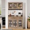 imageYITAHOME 71quot Farmhouse Kitchen Pantry Storage Cabinet with Power Outlet Freestanding Glass Door Display Pantry Hutch with Microwave Stand ampamp Adjustable Shelves ampamp Large Countertop for Home Lvory GreyRustic Lvory Grey