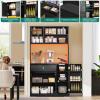 imageYITAHOME 71quot Kitchen Pantry Storage Cabinet with Microwave Stand Tall Farmhouse Kitchen Hutch with LED ampamp Power Outlet Freestanding Cupboard with Door and Shelves for Dining Room White OakBlack