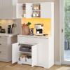 imageYITAHOME 71quot Kitchen Pantry Storage Cabinet with Microwave Stand Tall Farmhouse Kitchen Hutch with LED ampamp Power Outlet Freestanding Cupboard with Door and Shelves for Dining Room White OakWhite