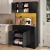 imageYITAHOME 71quot Kitchen Pantry Storage Cabinet with Microwave Stand Tall Farmhouse Kitchen Hutch with LED ampamp Power Outlet Freestanding Cupboard with Door and Shelves for Dining Room White OakBlack