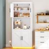 imageYITAHOME 71quot Kitchen Pantry Storage Cabinet with Microwave Stand Tall Farmhouse Kitchen Hutch with LED ampamp Power Outlet Freestanding Cupboard with Door and Shelves for Dining Room White OakWhite Oak