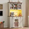 imageYITAHOME 72quot Farmhouse Bar Cabinet with Bottle Rack and Wine Glass Holder Large Kitchen Buffet with Shelves Wine Cabinet with 3 DrawersCoffee Bar Sideboard with LED Lights Off WhiteWalnut GrainOff Whitewalnut Grain