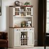 imageYITAHOME 72quot Farmhouse Bar Cabinet with Bottle Rack and Wine Glass Holder Large Kitchen Buffet with Shelves Wine Cabinet with 3 DrawersCoffee Bar Sideboard with LED Lights Off WhiteWalnut GrainWhite Walnut