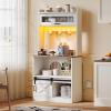imageYITAHOME Bakers Rack with Power Outlet and Storage Farmhouse Microwave Stand with LED Lights Heavy Duty 5Tier Coffee Bar Cabinet Station with 7 Hooks for Kitchen Dining Room Living Room WhiteWhite