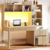 imageYITAHOME Computer Desk with Hutch and Drawers 55quot Office Desk with Storage Shelves and Printer Stand Gaming Desk with Power Outlets ampamp LED Lights Fluted Sturdy Writing Workstation Natural OakComputer Desk with Hutch
