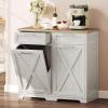 imageYITAHOME Double Tilt Out Trash Cabinet 20 Gallon Wooden Free Standing Laundry Cabinet with Barn Doors Kitchen Trash Recycling Cabinet with 2 Drawer TiltOut Hamper for Kitchen Off WhiteOff White