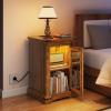 imageYITAHOME Farmhouse End Table Bedside Table with LED Lights Nightstand with Charging Station Adjustable Storage Shelf Sofa Side Coffee Table for Bedroom Living Room Off White Walnut GrainBrown