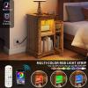 imageYITAHOME Farmhouse End Table Bedside Table with LED Lights Nightstand with Charging Station Adjustable Storage Shelf Sofa Side Coffee Table for Bedroom Living Room Off White Walnut GrainBrown