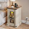 imageYITAHOME Farmhouse End Table Bedside Table with LED Lights Nightstand with Charging Station Adjustable Storage Shelf Sofa Side Coffee Table for Bedroom Living Room Off White Walnut GrainOff White  Walnut Grain