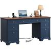 imageYITAHOME Farmhouse Executive Desk with Drawers 59quot Computer Desk with Power Outlets Home Office Desks with File Cabinet ampamp Keyboard Tray Workspace for Work Study Writing Navy Blue ampamp WalnutNavy Blue  Walnut