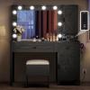 imageYITAHOME Farmhouse Makeup Vanity Desk with Mirror and Lights Retro Big Vanity Table Set with Charging Station Makeup Desk with 2 Drawers ampamp 2 Cabinets 10 Dimmable Light Bulbs for Bedroom Black