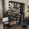 imageYITAHOME Farmhouse Makeup Vanity Desk with Mirror and Lights Retro Big Vanity Table Set with Charging Station Makeup Desk with 2 Drawers ampamp 2 Cabinets 10 Dimmable Light Bulbs for Bedroom Black