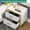 imageYITAHOME Farmhouse Nightstand with Charging Station 2 Drawers Night Stand for Bedroom LED Lights Heavy Duty End Table Side Table wOpen Shelf Retro BrownWhite Gold