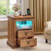 imageYITAHOME Farmhouse Nightstand with Charging Station 2 Drawers Night Stand for Bedroom LED Lights Heavy Duty End Table Side Table wOpen Shelf Retro BrownRetro Brown