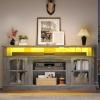 imageYITAHOME Farmhouse TV Stands for 75 Inch TV with Power Outlets Entertainment Center with Sliding Barn Doors and Adjustable Shelves TV Cabinet Media Console Table for Living Room Dark Rustic OakGrey