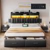 imageYITAHOME Full Size Bed Frame with 2 Storage Drawers and Charging Station Upholstered Bed with Storage Headboard and LED Light Heavy Duty Metal Support No Box Spring Needed Noise Free BlackBlack
