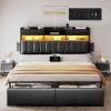 imageYITAHOME Full Size Bed Frame with 2 Storage Drawers and Charging Station Upholstered Bed with Storage Headboard and LED Light Heavy Duty Metal Support No Box Spring Needed Noise Free BlackBlack