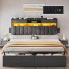 imageYITAHOME Full Size Bed Frame with 2 Storage Drawers and Charging Station Upholstered Bed with Storage Headboard and LED Light Heavy Duty Metal Support No Box Spring Needed Noise Free BlackGrey