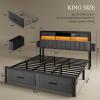 imageYITAHOME Full Size Bed Frame with 2 Storage Drawers and Charging Station Upholstered Bed with Storage Headboard and LED Light Heavy Duty Metal Support No Box Spring Needed Noise Free BlackGrey
