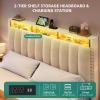 imageYITAHOME Full Size Bed Frame with 4 Storage Drawers and RGB LED Lights Velvet Upholstered Platform Bed with Charging Station and Bookcase Storage Headboard No Box Spring Needed Easy Assembly GreyBeige