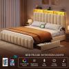 imageYITAHOME Full Size Bed Frame with 4 Storage Drawers and RGB LED Lights Velvet Upholstered Platform Bed with Charging Station and Bookcase Storage Headboard No Box Spring Needed Easy Assembly GreyBeige