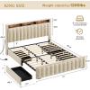 imageYITAHOME Full Size Bed Frame with 4 Storage Drawers and RGB LED Lights Velvet Upholstered Platform Bed with Charging Station and Bookcase Storage Headboard No Box Spring Needed Easy Assembly GreyBeige