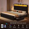 imageYITAHOME Full Size Bed Frame with 4 Storage Drawers and RGB LED Lights Velvet Upholstered Platform Bed with Charging Station and Bookcase Storage Headboard No Box Spring Needed Easy Assembly GreyBlack