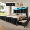 imageYITAHOME Full Size Bed Frame with 4 Storage Drawers and RGB LED Lights Velvet Upholstered Platform Bed with Charging Station and Bookcase Storage Headboard No Box Spring Needed Easy Assembly GreyBlack
