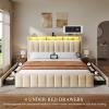imageYITAHOME Full Size Bed Frame with 4 Storage Drawers and RGB LED Lights Velvet Upholstered Platform Bed with Charging Station and Bookcase Storage Headboard No Box Spring Needed Easy Assembly GreyBeige