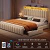 imageYITAHOME Full Size Bed Frame with 4 Storage Drawers and RGB LED Lights Velvet Upholstered Platform Bed with Charging Station and Bookcase Storage Headboard No Box Spring Needed Easy Assembly GreyBeige