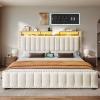 imageYITAHOME Full Size Bed Frame with 4 Storage Drawers and RGB LED Lights Velvet Upholstered Platform Bed with Charging Station and Bookcase Storage Headboard No Box Spring Needed Easy Assembly GreyBeige