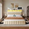 imageYITAHOME Full Size Bed Frame with 4 Storage Drawers and RGB LED Lights Velvet Upholstered Platform Bed with Charging Station and Bookcase Storage Headboard No Box Spring Needed Easy Assembly GreyBeige
