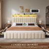 imageYITAHOME Full Size Bed Frame with 4 Storage Drawers and RGB LED Lights Velvet Upholstered Platform Bed with Charging Station and Bookcase Storage Headboard No Box Spring Needed Easy Assembly GreyBeige