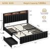 imageYITAHOME Full Size Bed Frame with 4 Storage Drawers and RGB LED Lights Velvet Upholstered Platform Bed with Charging Station and Bookcase Storage Headboard No Box Spring Needed Easy Assembly GreyBlack