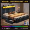 imageYITAHOME Full Size Bed Frame with 4 Storage Drawers and RGB LED Lights Velvet Upholstered Platform Bed with Charging Station and Bookcase Storage Headboard No Box Spring Needed Easy Assembly GreyGrey
