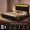 imageYITAHOME Full Size Bed Frame with 4 Storage Drawers and RGB LED Lights Velvet Upholstered Platform Bed with Charging Station and Bookcase Storage Headboard No Box Spring Needed Easy Assembly GreyBlack