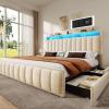 imageYITAHOME Full Size Bed Frame with 4 Storage Drawers and RGB LED Lights Velvet Upholstered Platform Bed with Charging Station and Bookcase Storage Headboard No Box Spring Needed Easy Assembly GreyBeige